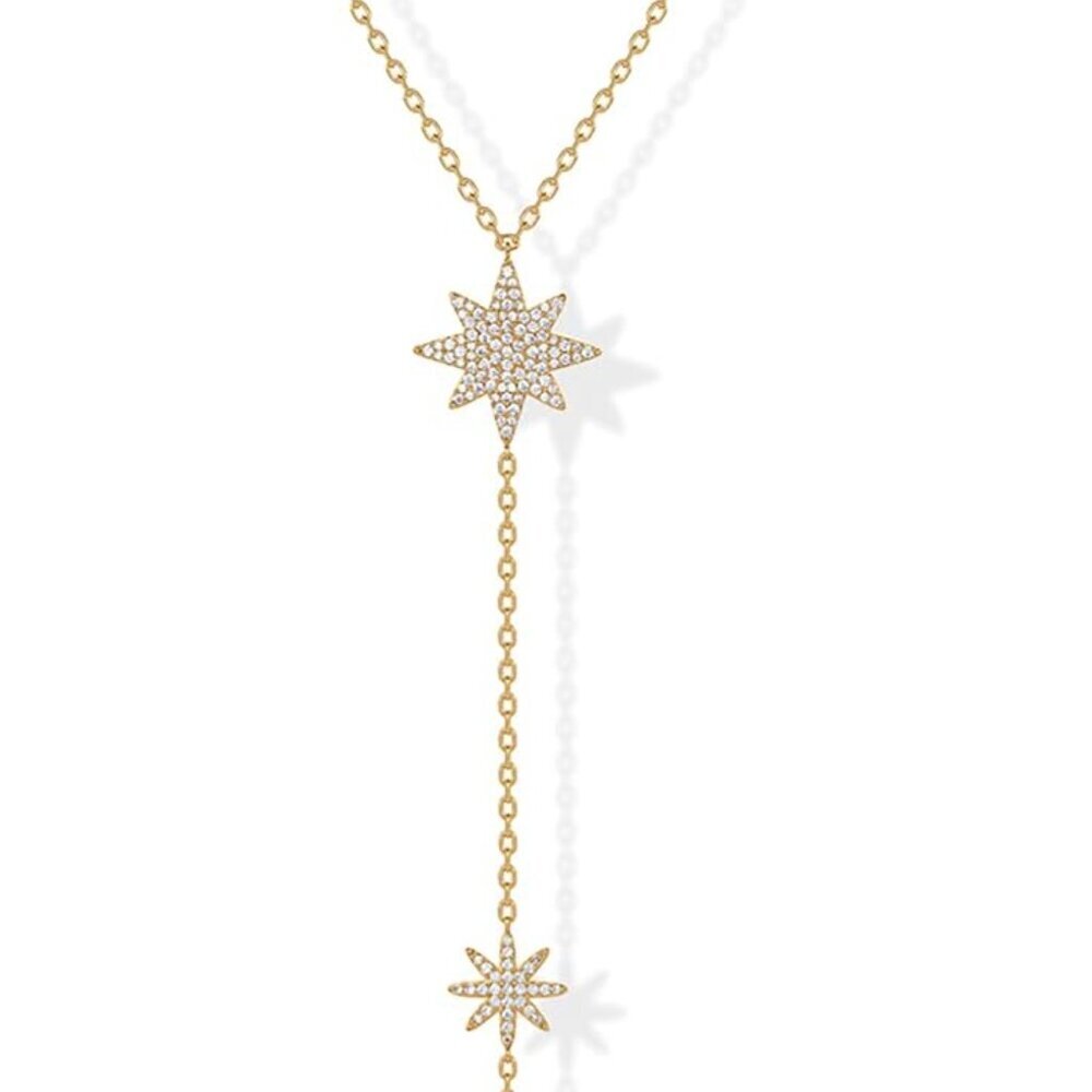 14K Gold Plated Drop Lariat Chain for Women - Gold Cubic Zirconia Long Necklace